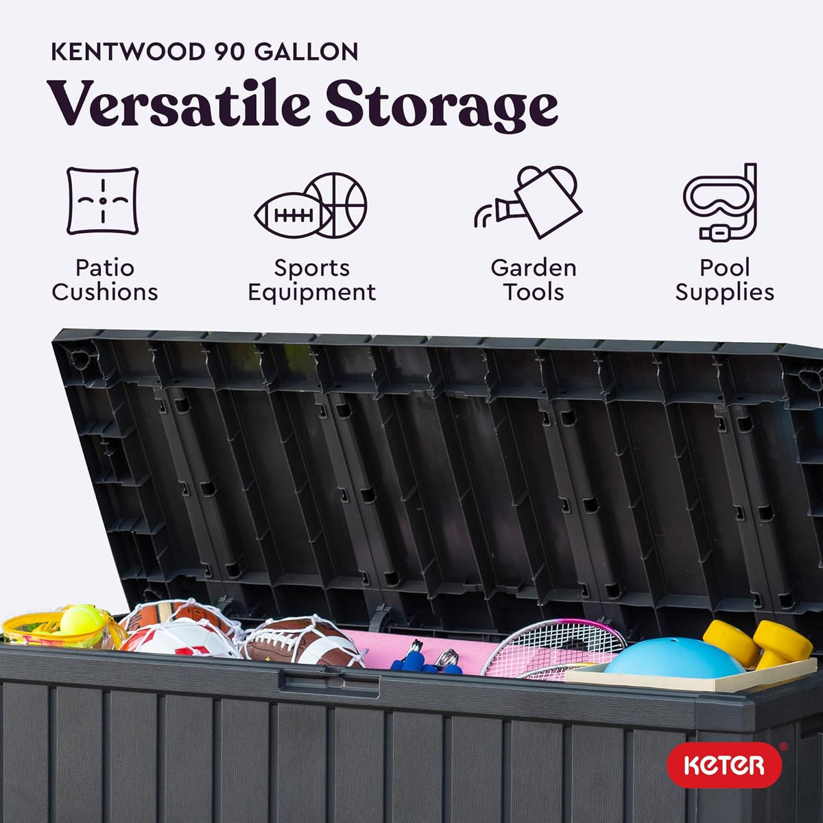 Keter Kentwood 92 Gallon Resin Deck Box-Organization and Storage for Patio Furniture Outdoor Cushions, Throw Pillows, Garden Tools and Pool Floats