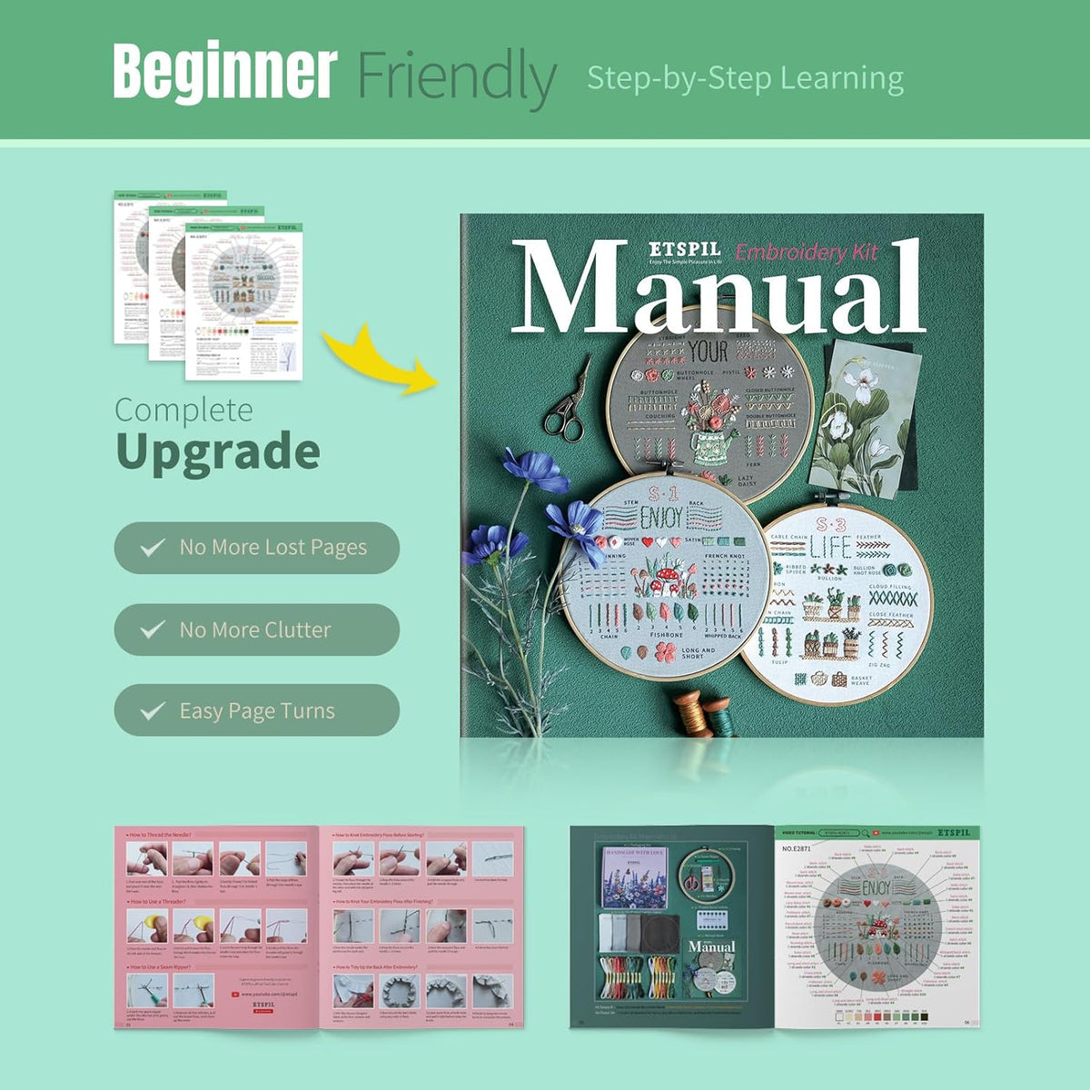 ETSPIL Embroidery Kit for Adult Beginners, 3-Pack 33-Stitch Practice Samplers, Pre-Stamped Patterns, 7.8-Inch Hoop, Threads & Needles, Step-by-Step