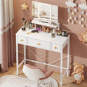 Small Makeup Vanity Desk 27.5''W with Mirror and Lights, Vanity Desk with 3 Fabric Drawers and Height-Adjustable Stand, Vanity Table for Girls Gifts