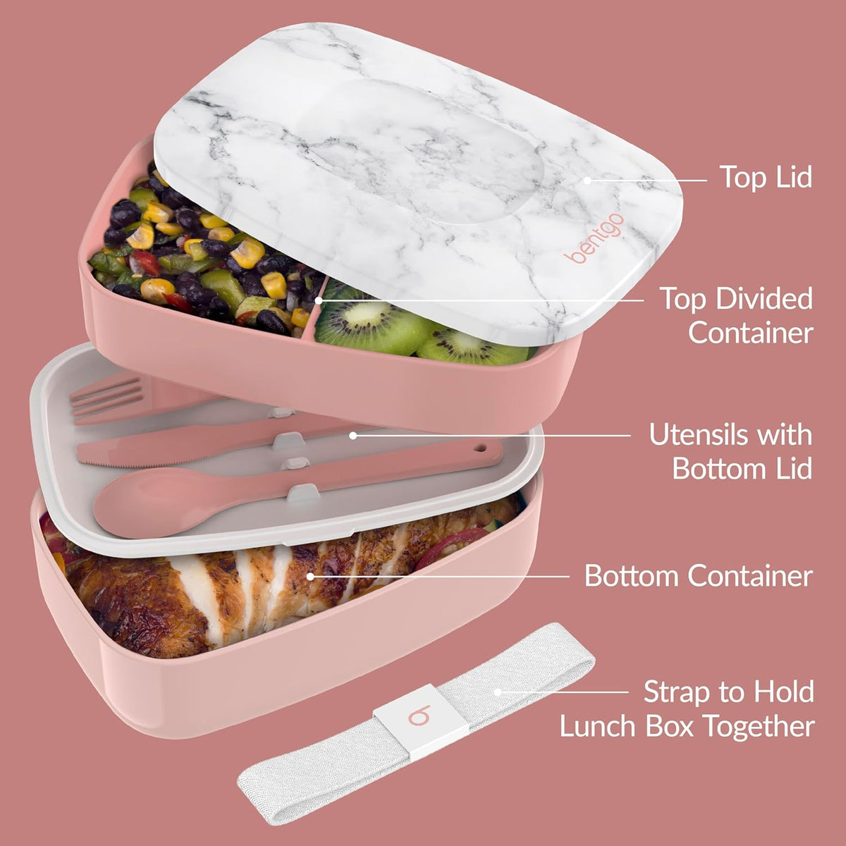 Bentgo Classic - Adult Bento Box, Stackable 3-Compartment Lunch Box with Removable Utensil Set and Sealing Strap, BPA-Free, Food Container
