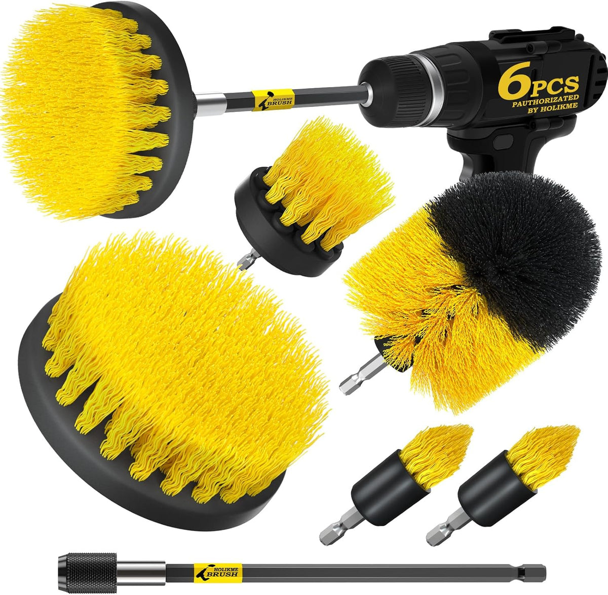 Holikme 6Pack Drill Brush Power Scrubber Cleaning Brush Extended Long Attachment Set All Purpose Drill Scrub Brushes Kit for Grout, Floor, Tub