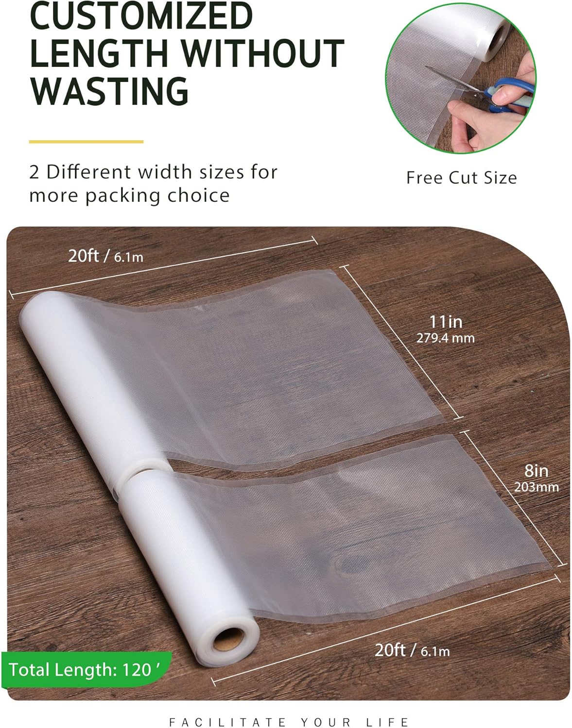 Syntus Vacuum Sealer Bags, 6 Pack 3 Rolls 11" x 20' and 3 Rolls 8" x 20' Commercial Grade BPA Free Bag Rolls, Food Vac Bags for Storage, Meal Prep or