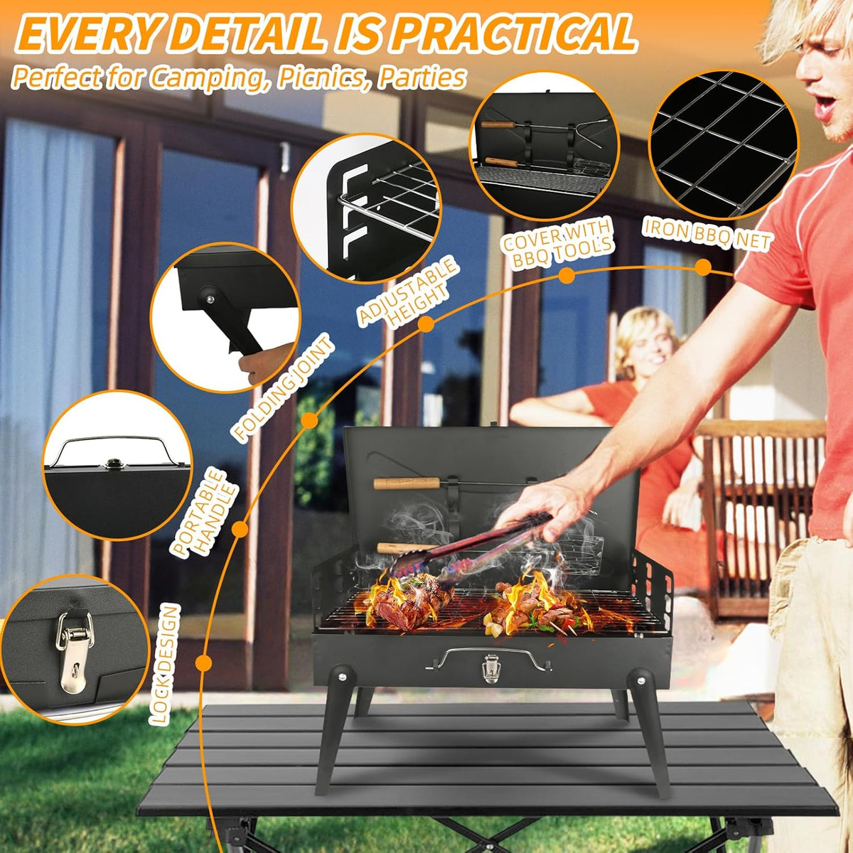 Portable Charcoal Grill Foldable BBQ Grill Kit - Compact Camping Grill for Outdoor BBQ, Cooking, Picnics, Beach, Backyard - Barbecue Accessories with
