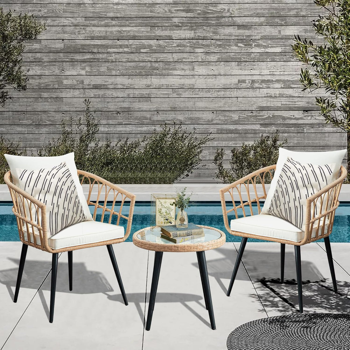 3 Piece Patio Bistro Set, Outdoor Wicker Apartment Balcony Furniture Sets, Rattan Table and Chairs Set of 2 for Porch Backyard Lawn Poolside Deck