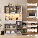 ONBRILL 71" Pantry Cabinet, Kitchen Pantry Storage Cabinet with LED Light & Outlet, Kitchen Hutch with Microwave Shelf & 6 Hooks, Door Shelves