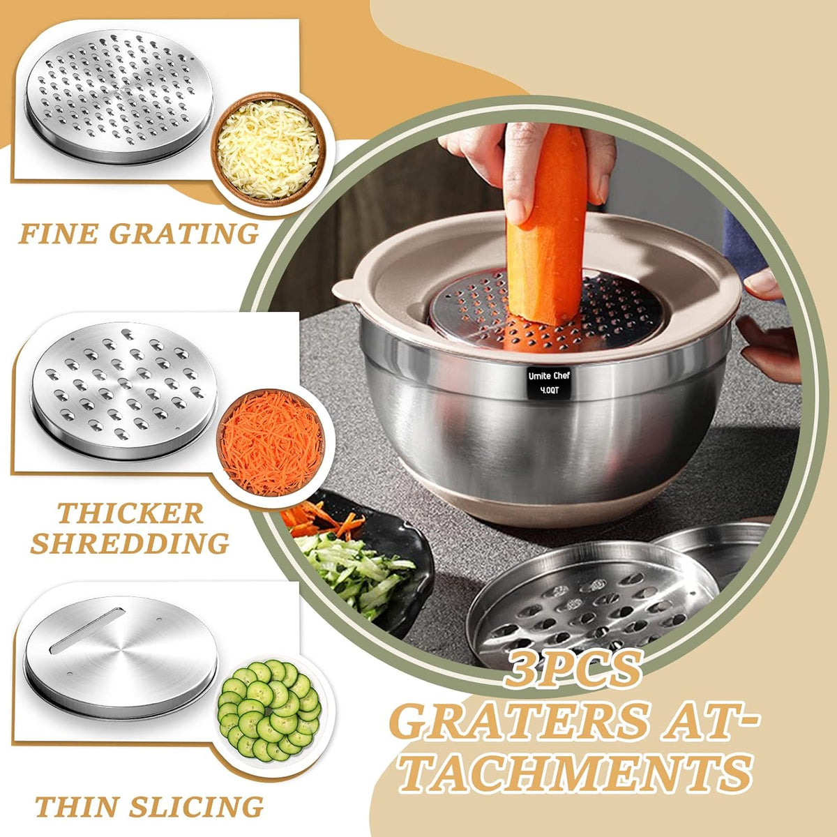 Mixing Bowls with Airtight Lids Set, 26PCS Stainless Steel Khaki Bowls with Grater Attachments, Non-Slip Bottoms & Kitchen Gadgets Set, Size 7, 4