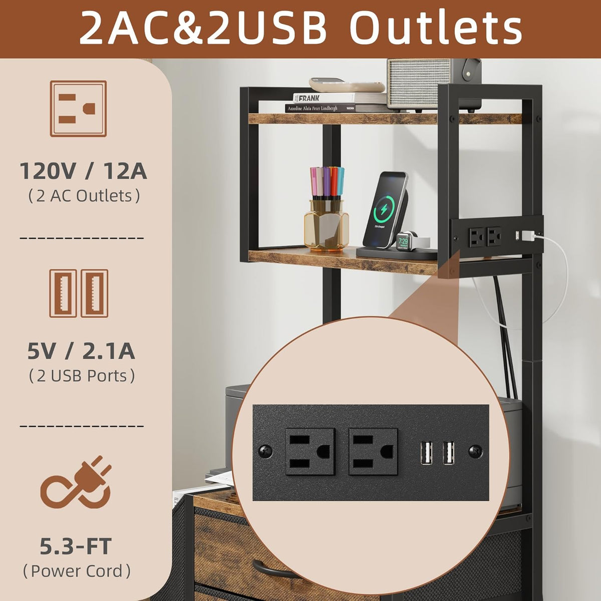 Small 3 Drawer File Cabinet with Charging Station, 45''H, 3-Tier Filing Cabinet for Home Office, 11''*16'' for Small Printer, Fabric Drawer Fits