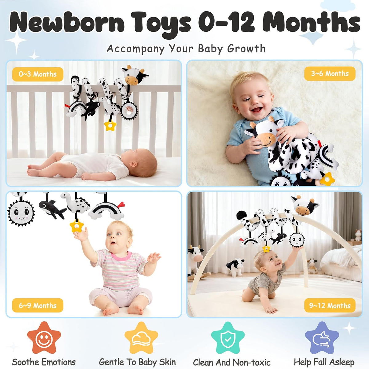 Spiral Car Seat Baby Toys 0-6 Months, Infant Carseat High Contrast Sensory Toys Hanging Stroller Accessories, Newborn Shower Gifts for Baby Boys