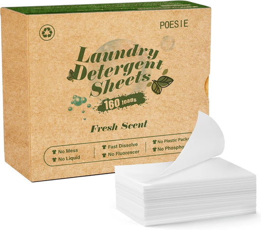 Poesie Laundry Detergent Sheets Fresh Scent 160 Count Clear Non-Plastic Hypoallergenic Liquid Less Sheets for Home Dorm Travel Camping & Hand Washing