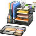 Marbrasse Desk Organizer with File Holder, 5-Tier Paper Letter Tray Organizer with Drawer and 2 Pen Holder, Mesh Desktop Organizer and Storage with