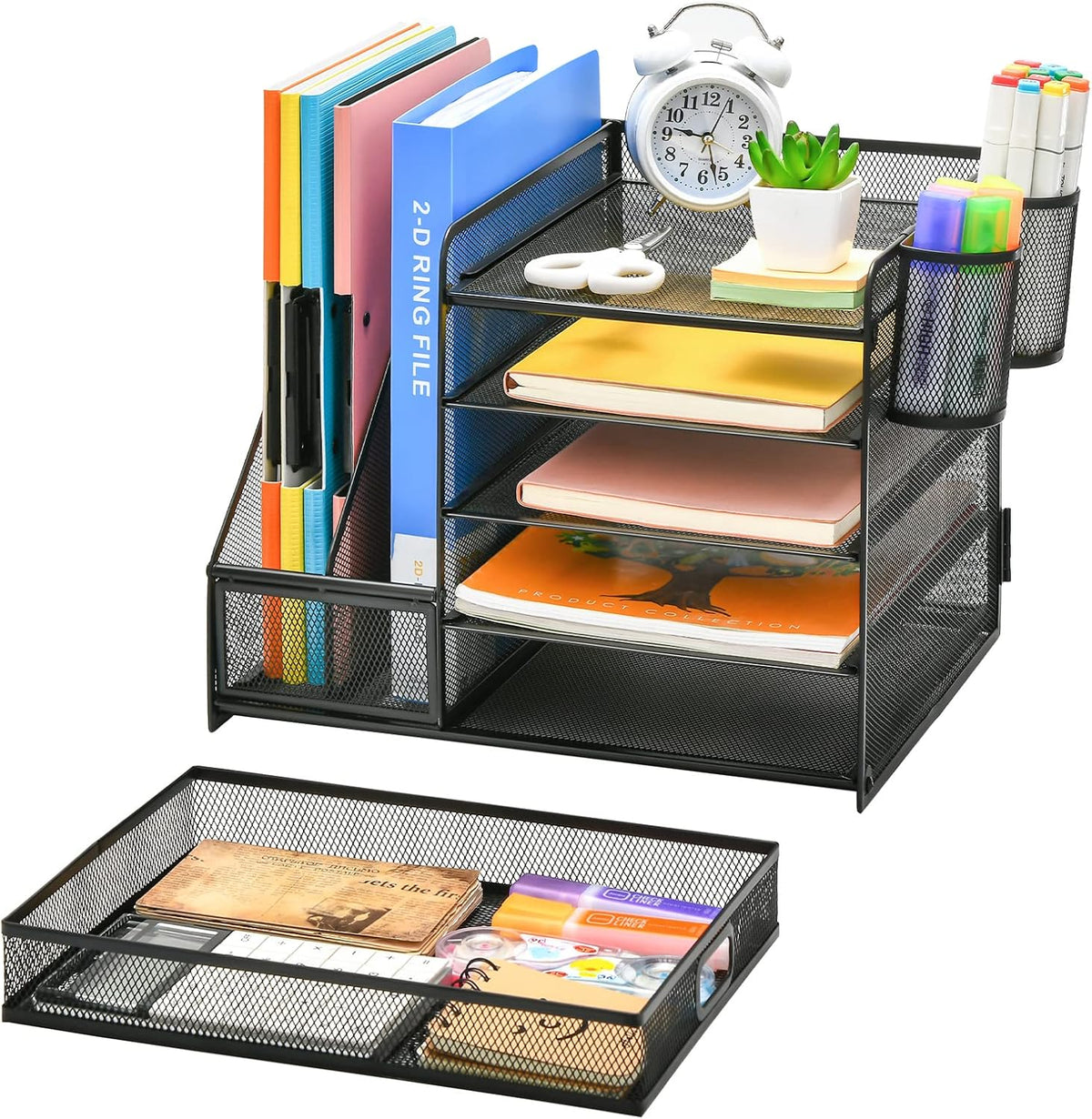 Marbrasse Desk Organizer with File Holder, 5-Tier Paper Letter Tray Organizer with Drawer and 2 Pen Holder, Mesh Desktop Organizer and Storage with