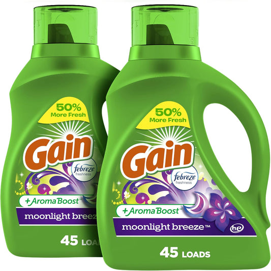 Gain Liquid Laundry Detergent, Moonlight Breeze Scent, 65 fl oz x 2, 45 x 2 loads, Freshness + Odor Fighting, High Efficiency Washing Machine Liquid