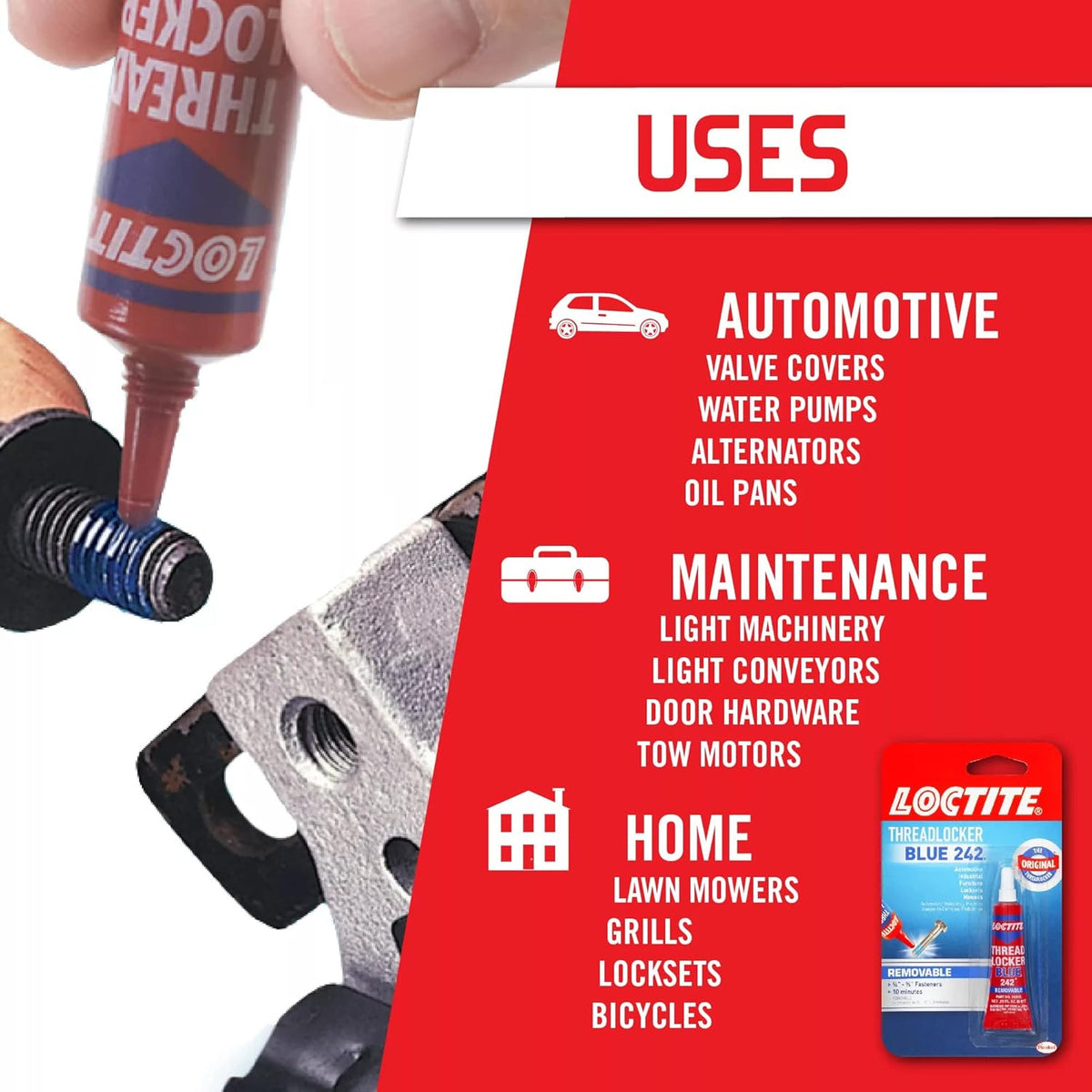 Loctite Threadlocker Blue 242 - Removable Thread Lock Glue for Nuts, Bolts, & Fasteners, Medium Strength Screw Glue to Prevent Loosening & Corrosion