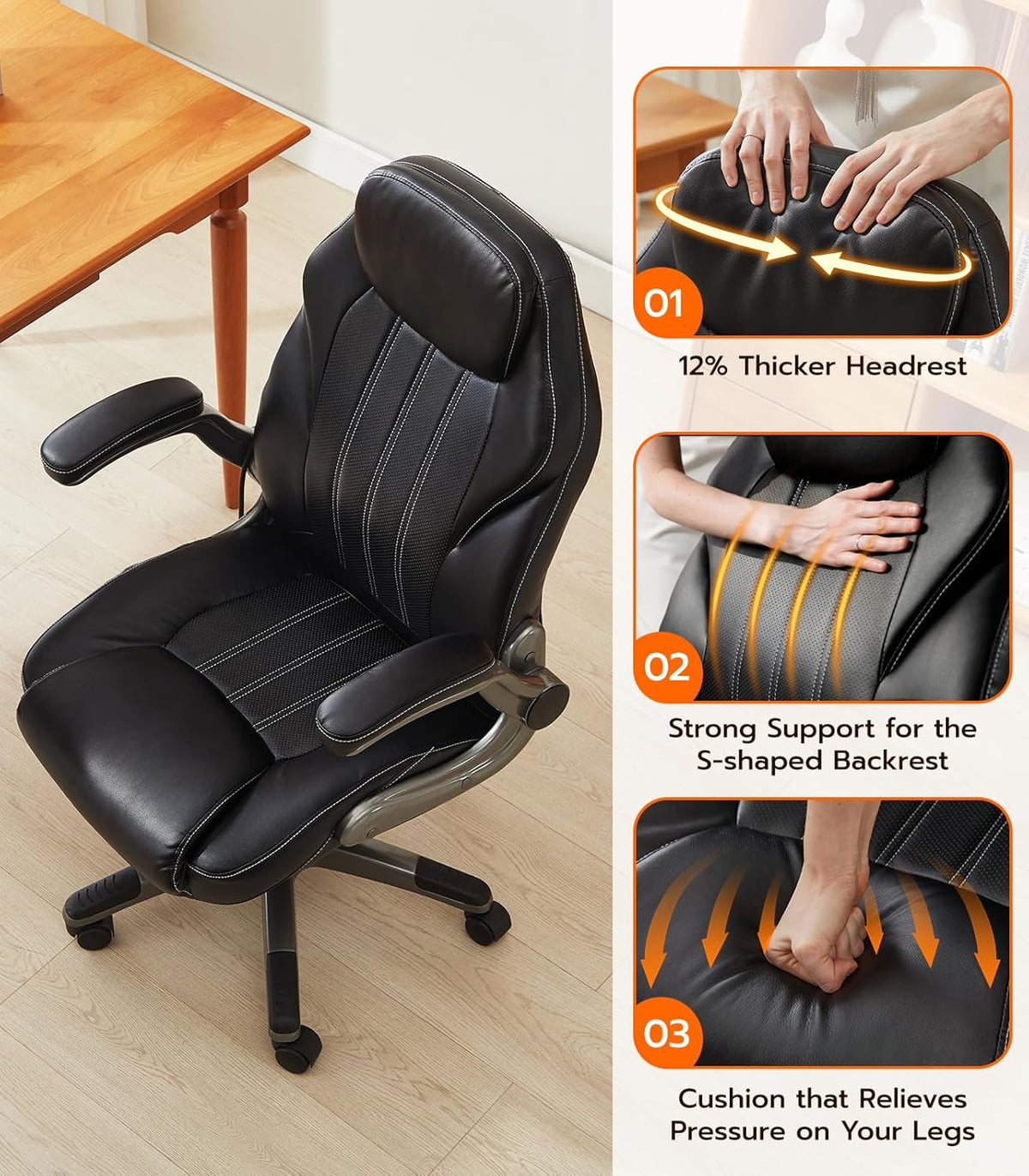 Office Desk Chair, Ergonomic Computer Chair with Padded Flip-Up Arms and Adjustable Lumbar Support, PU Leather Executive Chair with Tilt Lock and