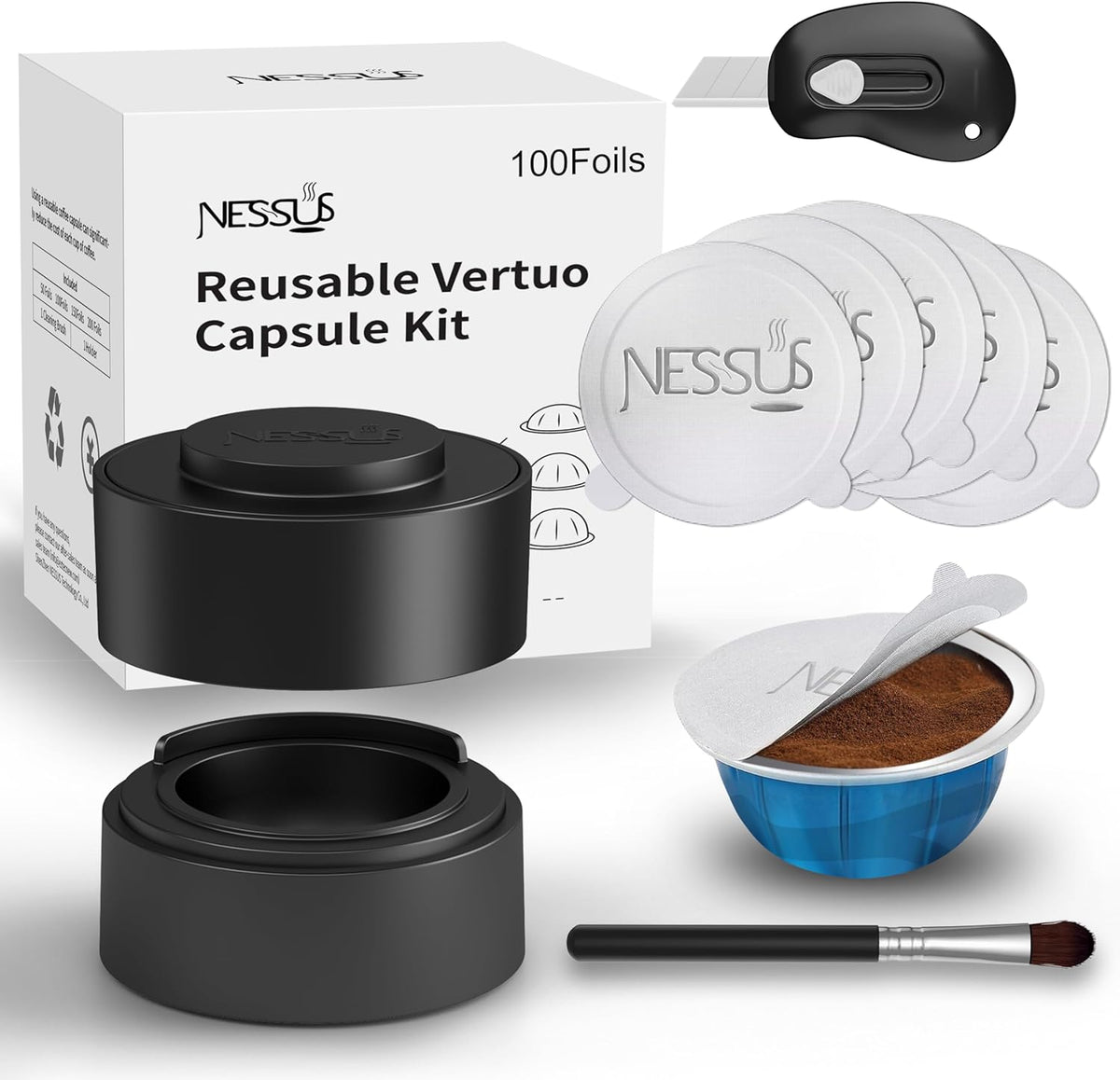 Nessus Reusable Kit for Nespresso Pods Vertuo, Reuse Old Coffee Pods for Nespresso Vertuo: 100 Pcs Aluminum Foil Seal Lid, Holder, Brush, Refillable