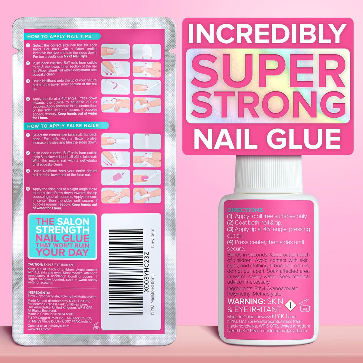 Super Strong Nail Glue for Press On Nails, Nail Tips & Acrylic Nails (8ml) NYK1 NailBond Brush On Glue for Press Ons, Tips & Acrylics - Long Lasting