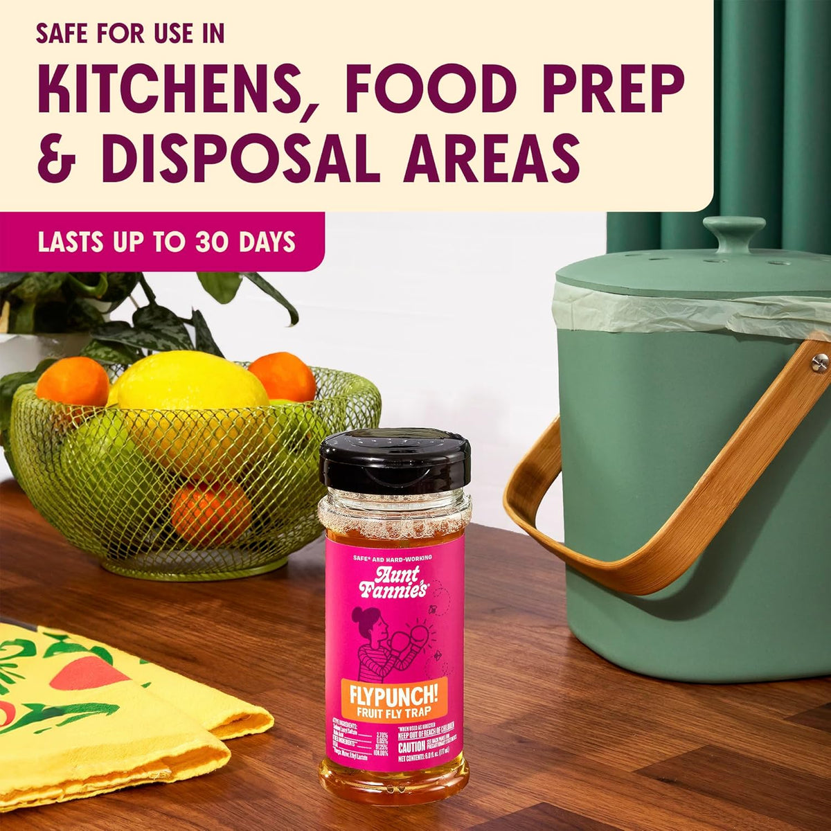 Aunt Fannie's FlyPunch Fruit Fly Trap for Indoor and Kitchen Use, Ready to Use, Made with Plant Based Ingredients, Safe Near Food, Each Bottle Lasts