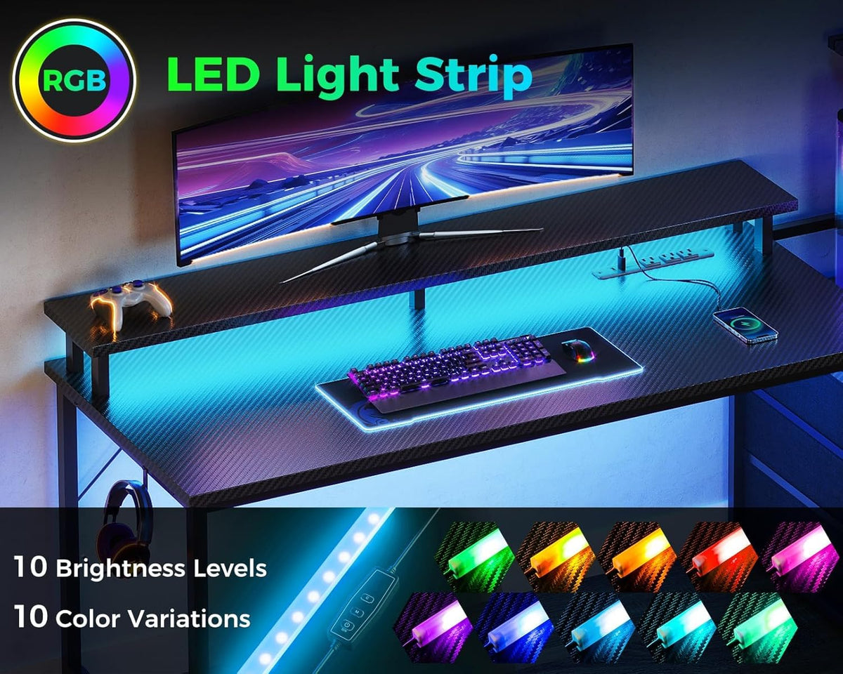 AODK 59 Inch Gaming Desk with USB Charging Ports & LED Light- Reversible Computer Desk with Storage Shelves & Monitor Stand, Modern Gamer Desk Table
