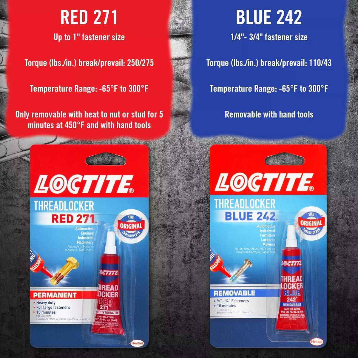 Loctite Threadlocker Blue 242 - Removable Thread Lock Glue for Nuts, Bolts, & Fasteners, Medium Strength Screw Glue to Prevent Loosening & Corrosion