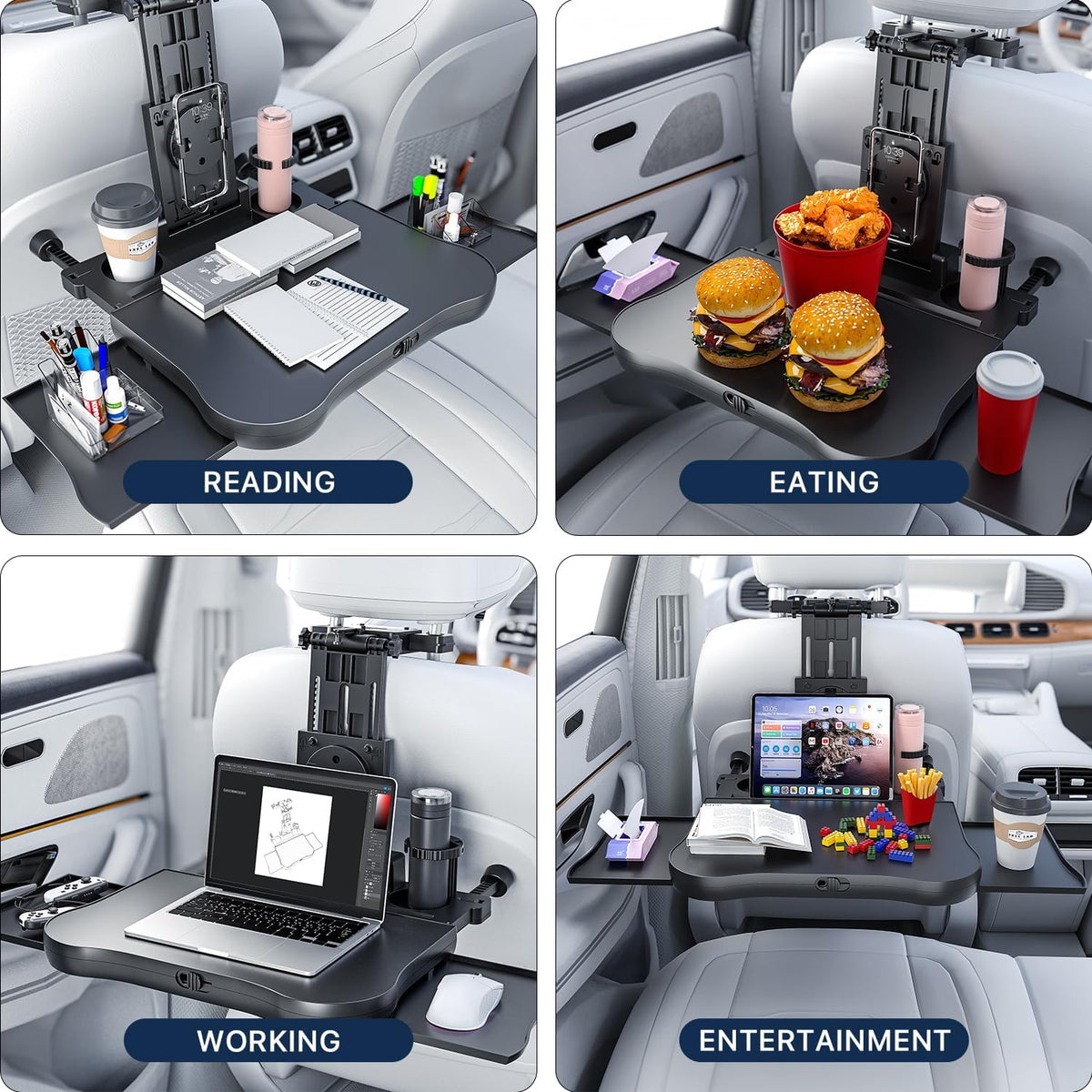 Car Back Seat Tray Table, Stable Foldable Auto Backseat Food Trays Desk for Rear Passenger Road Trip Eating & Work, Multifunctional Adjustable Travel