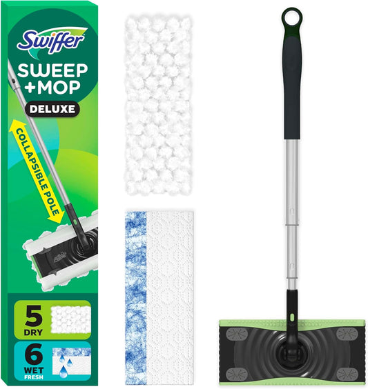 Swiffer Sweep & Mop Deluxe 2-in-1 Floor Mopping and Sweeping Kit, Multi-Surface Kit for Floor Cleaning, Kit Includes 1 Sweeper Device, 5 Heavy Duty