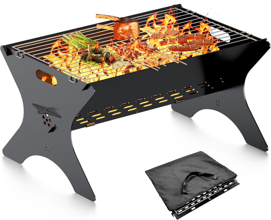 Camping Campfire Grill, 16"Lx12"D Portable Folding Charcoal Grills, Backpacking BBQ Grill with Carry Bag, Outdoor Fire pit for Camping, Picnic