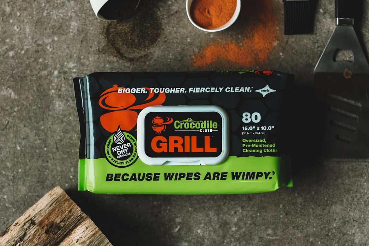 Crocodile Cloth Grill - 80 (15" x 10") Plant-based Cleaning Wipes. Safe on Skin & Multiple Surfaces. Infused with Aloe & Vitamin E. Large
