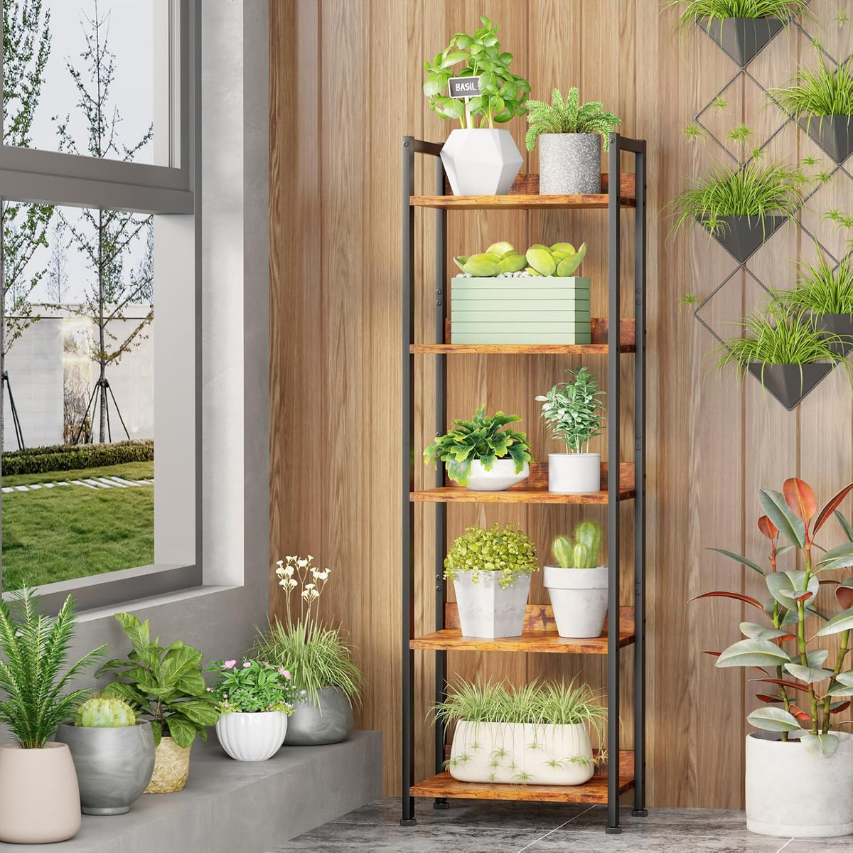 Furologee 5 Tier Bookshelf with Drawer, Tall Narrow Bookcase with Shelves, Wood and Metal Bookshelves Storage Organizer, Industrial Display Standing