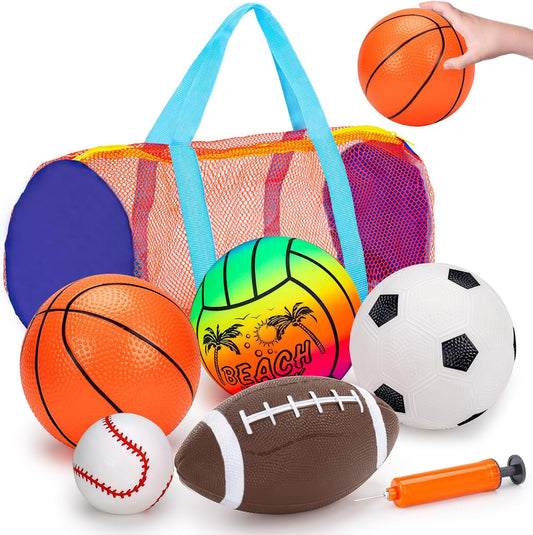 5 Pack Sports Balls Set for Kids with Bag Toddlers 1-3 Football Soccer Basketball Baseball Volleyball Outdoor Toys for 1 2 3 Year Old Boys Sport