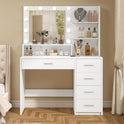 Quimoo Vanity Desk with Mirror & Lights, Makeup Vanity with 5 Drawers & Storage Shelves, White Vanity Table, 3 Color Modes & Adjustable Brightness