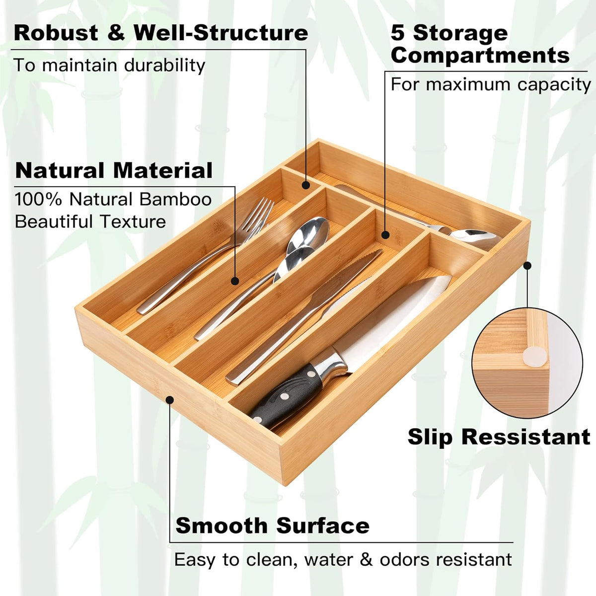 Silverware Organizer Kitchen Drawer Organizer Utensil Organizer Bamboo Silverware Holder Cutlery Organizer in Drawer Flatware Organizer Tray(5 slots