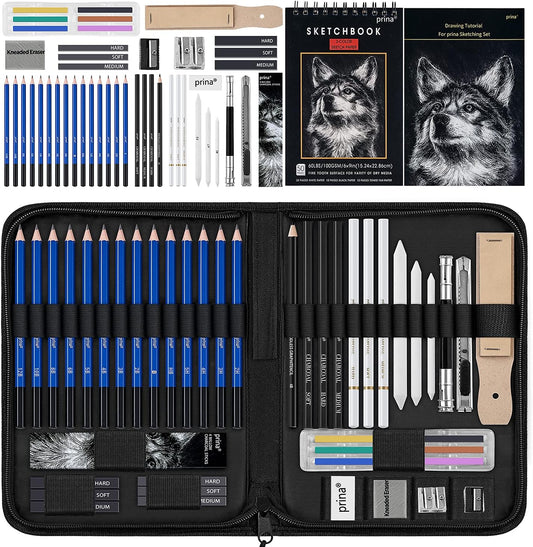 Prina 50 Pack Drawing Set Sketch Kit, Sketching Supplies with 3-Color Sketchbook, Graphite, and Charcoal Pencils, Pro Art Drawing Kit for Artists
