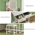 Makeup Vanity Desk with Mirror and Lights, Small Vanity with Fabric Storage Drawer & Chair & Shelves, White Vanity with Fold-up Panel and Power