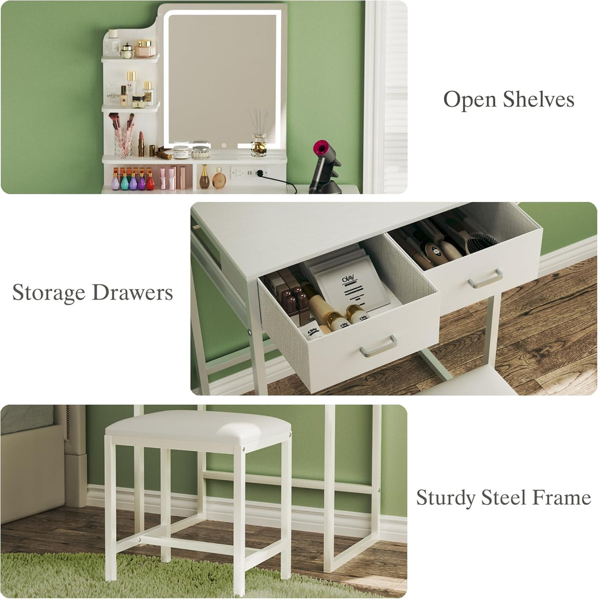Makeup Vanity Desk with Mirror and Lights, Small Vanity with Fabric Storage Drawer & Chair & Shelves, White Vanity with Fold-up Panel and Power