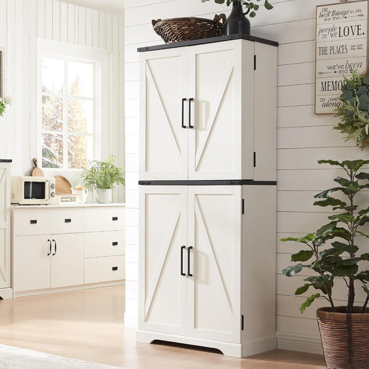 ACCOHOHO 72" Tall Kitchen Pantry, Farmhouse Storage Cabinet with Barn Doors, Organizer, Drawer and Adjustable Shelves, Rustic Wood Cupboard for