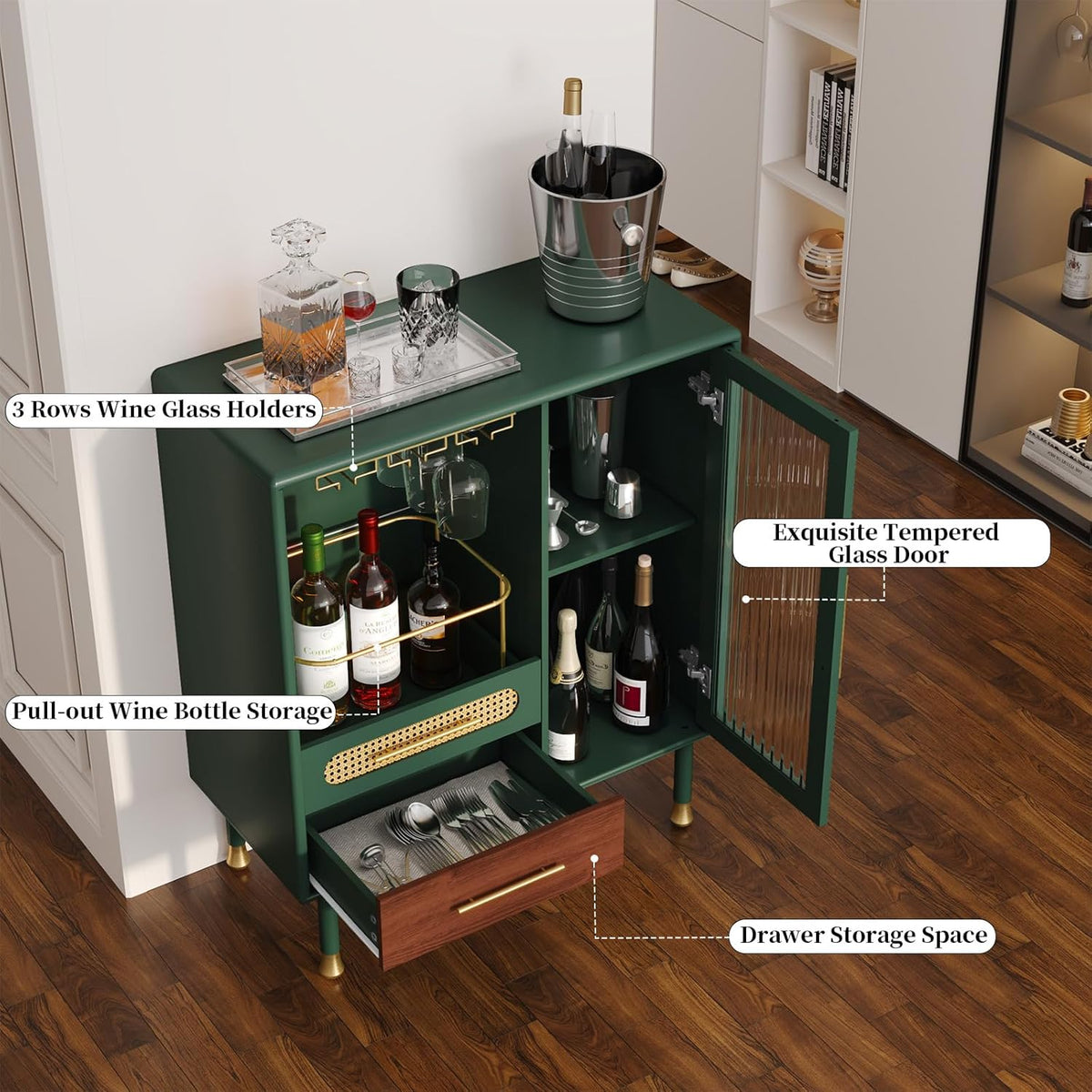 ARTPOWER Modern Coffee Bar Cabinet with Wine Glass Rack and Drawers, Green Liquor Cabinet with Pull-Out Wine Storage for Kitchen, Dining Room, Living