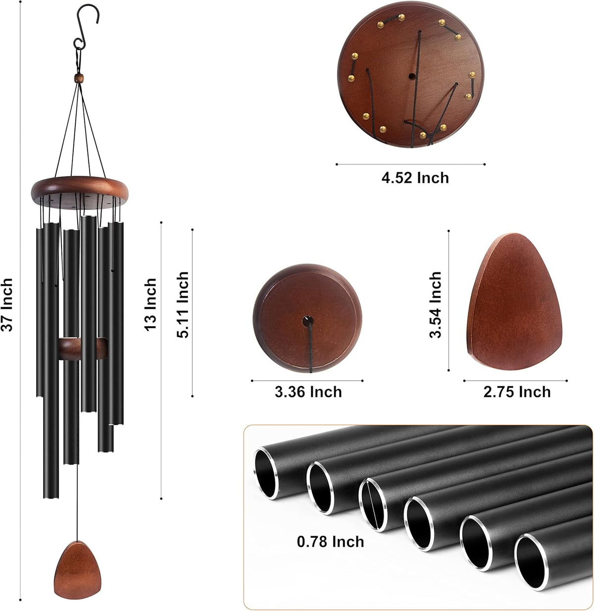 Large Aluminium Wind Chimes 37" to Create a Zen Atmosphere Suitable for Outdoor, Garden, Patio Decoration. Classic Black Wind Chime with Wind Catcher