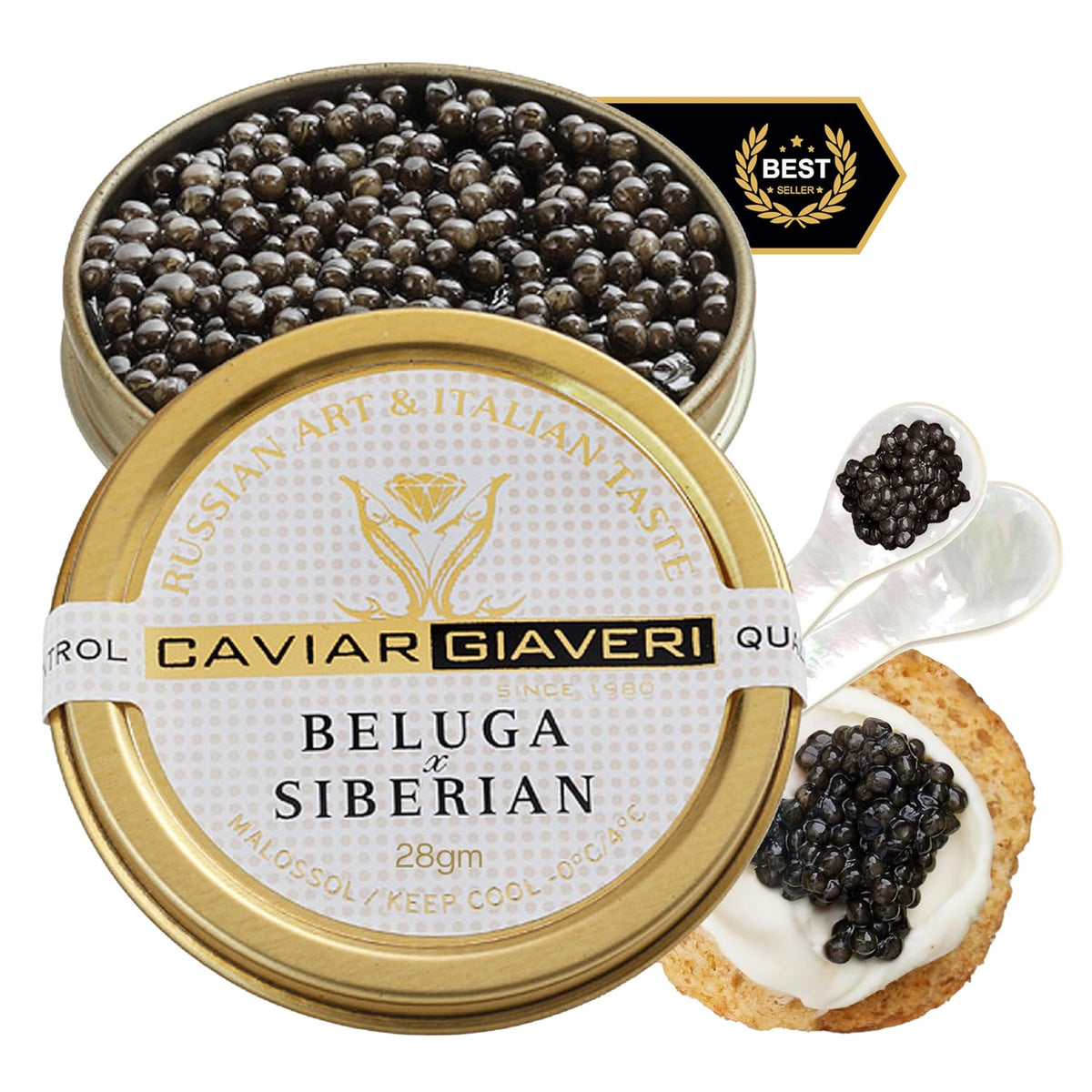 BESTER CAVIAR Royal Beluga Hybrid Sampler Set 1.05oz (30g) – Huso huso x Baerii Sturgeon Sampler Package – Caviar Serving Set with Mini Blinis (30