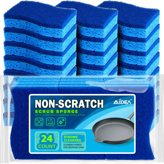 AIDEA Non Scratch Scrub Sponge, 24Count, Sponges for Dishes, Sponges Kitchen, Cleaning Sponge, Cleans Fast Without Scratching, Stands Up to Stuck-on