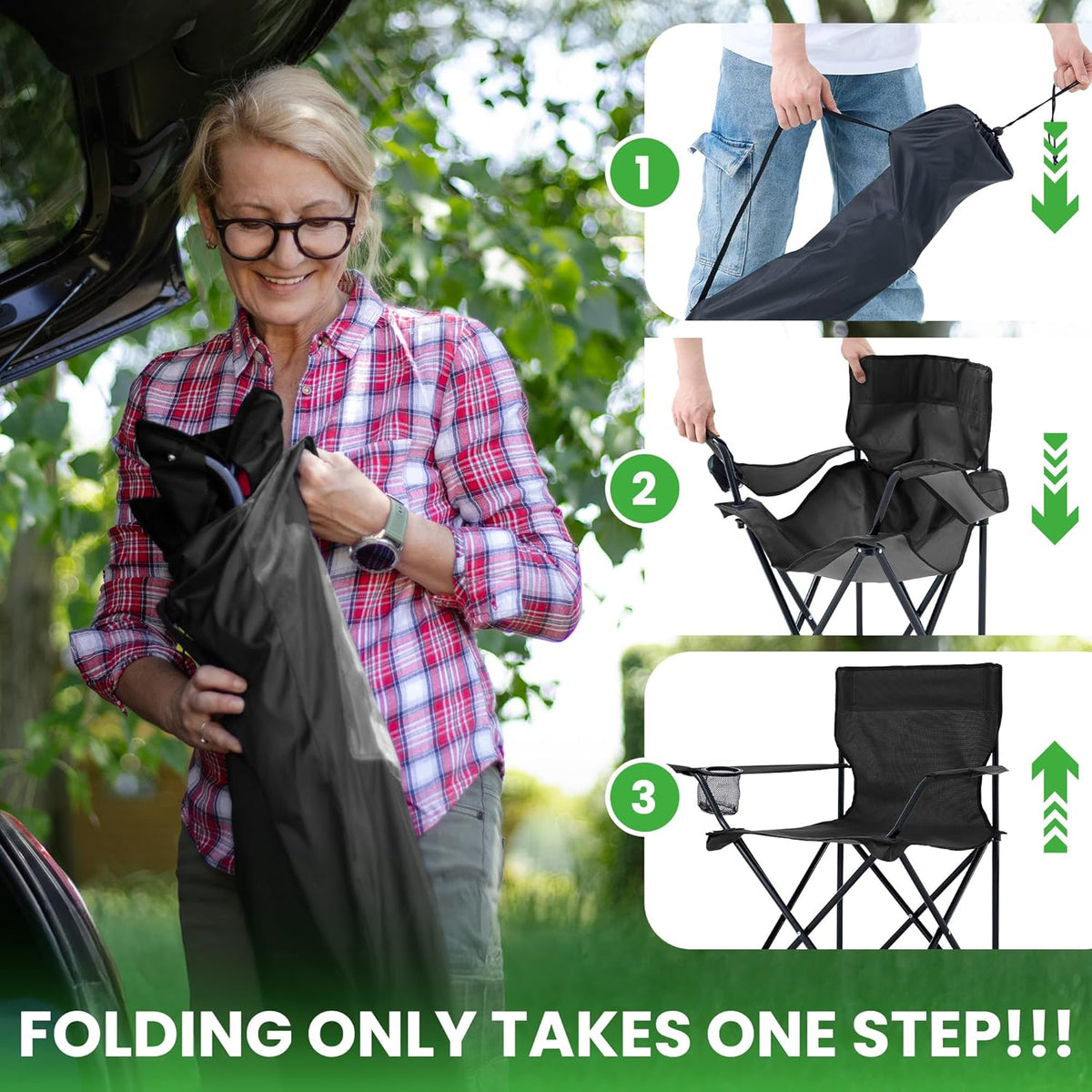 2 Pack Portable Camping Chairs Folding Lawn Chair Outdoor Lightweight Beach Chair with Cup Holder & Carry Bag for Outside Sports, Fishing, Hiking