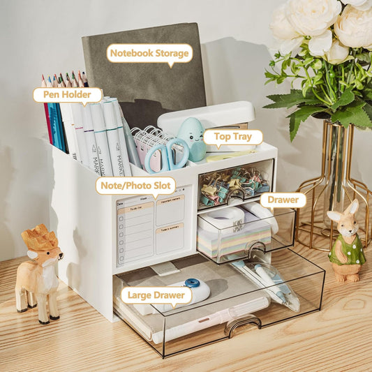 Desk Organizer with 3 Drawer, Multi-Functional Pencil Pen Holder for Desk, Desk Organizers and Storage with 8 Compartments, Desktop Organizer for