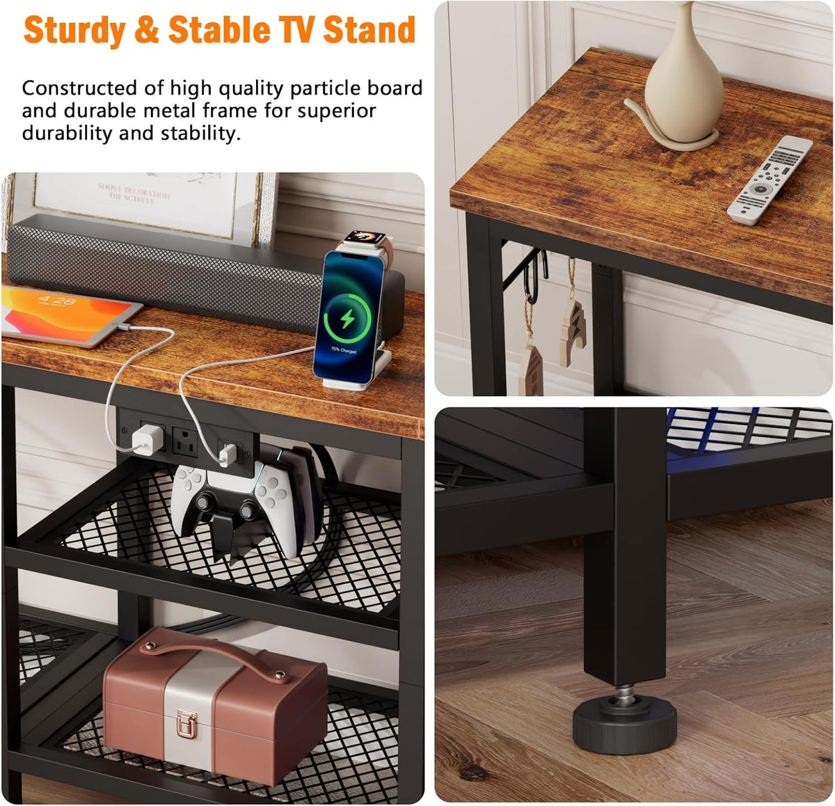 Furologee TV Stand with Power Outlets, Entertainment Center with Open Storage Shelves for TVs up to 55 Inch, Media Console Table with Soundbar Shelf