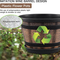 Quarut 3 Pack 10 inch Plant Pots,Whiskey Barrel Planters with Drainage Holes & Saucer, Plastic Decoration Flower Pots Imitation Wine Barrel Design