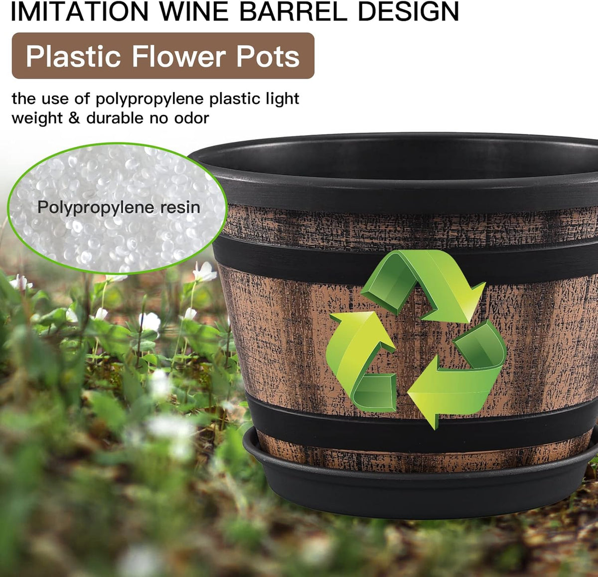 Quarut 3 Pack 10 inch Plant Pots,Whiskey Barrel Planters with Drainage Holes & Saucer, Plastic Decoration Flower Pots Imitation Wine Barrel Design