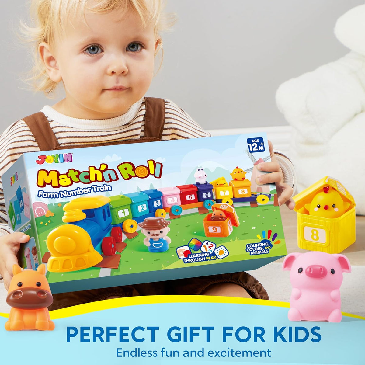 Learning Toy for Toddlers 1 2 3 Years Old, Counting, Matching & Sorting Montessori Learning Farm Train Including 9 Farm Animals and 1 Farmer, Easter