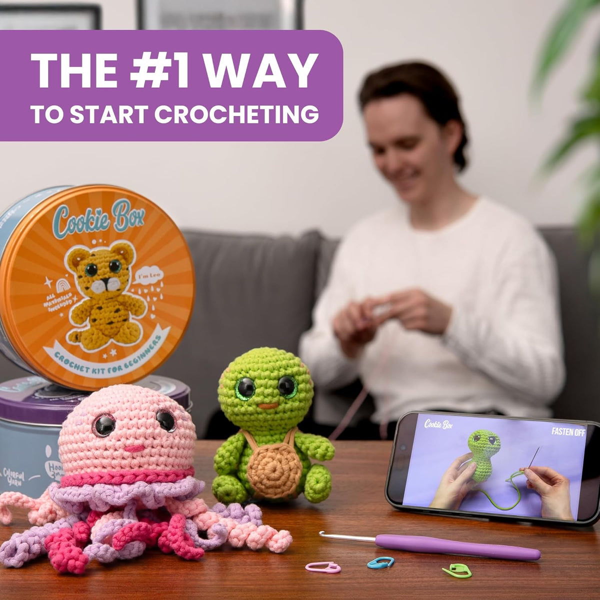Cookie Box Crochet Kit for Beginners – Gift Set to Make Turtle Hugo Amigurumi Plushie – Easy DIY Crochet & Knitting Starter Kit with Video and PDF