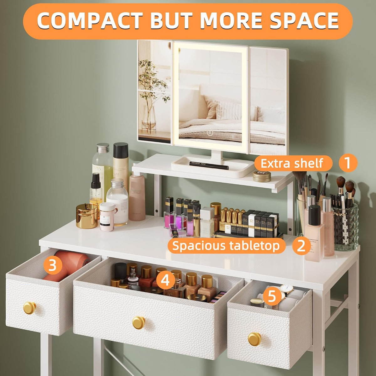 Small Makeup Vanity Desk 27.5''W with Mirror and Lights, Vanity Desk with 3 Fabric Drawers and Height-Adjustable Stand, Vanity Table for Girls Gifts