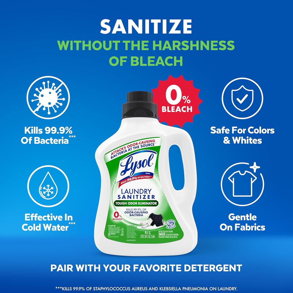 Lysol Tough Odor Eliminator Laundry Sanitizer Additive, Sanitizing Liquid for Gym Clothes and Activewear, 0% Bleach, Eliminates Odor Causing