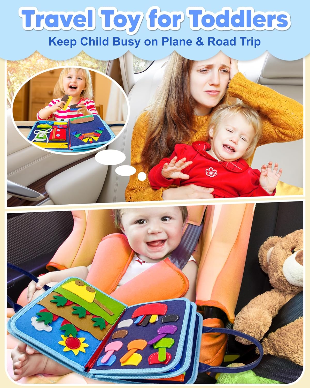 Exorany Busy Board Montessori Toys for Toddler Boy Birthday Gifts, Busy Book Sensory Learning Toys for Toddlers, Toddler Boy Airplane Car Travel Toy