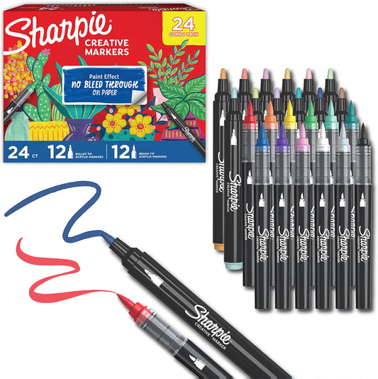 Sharpie Creative Markers, Combo Pack, Water-Based Acrylic, Bullet & Brush Tips, Assorted Colors Including Earth Tones, 24 Count - Works on Paper